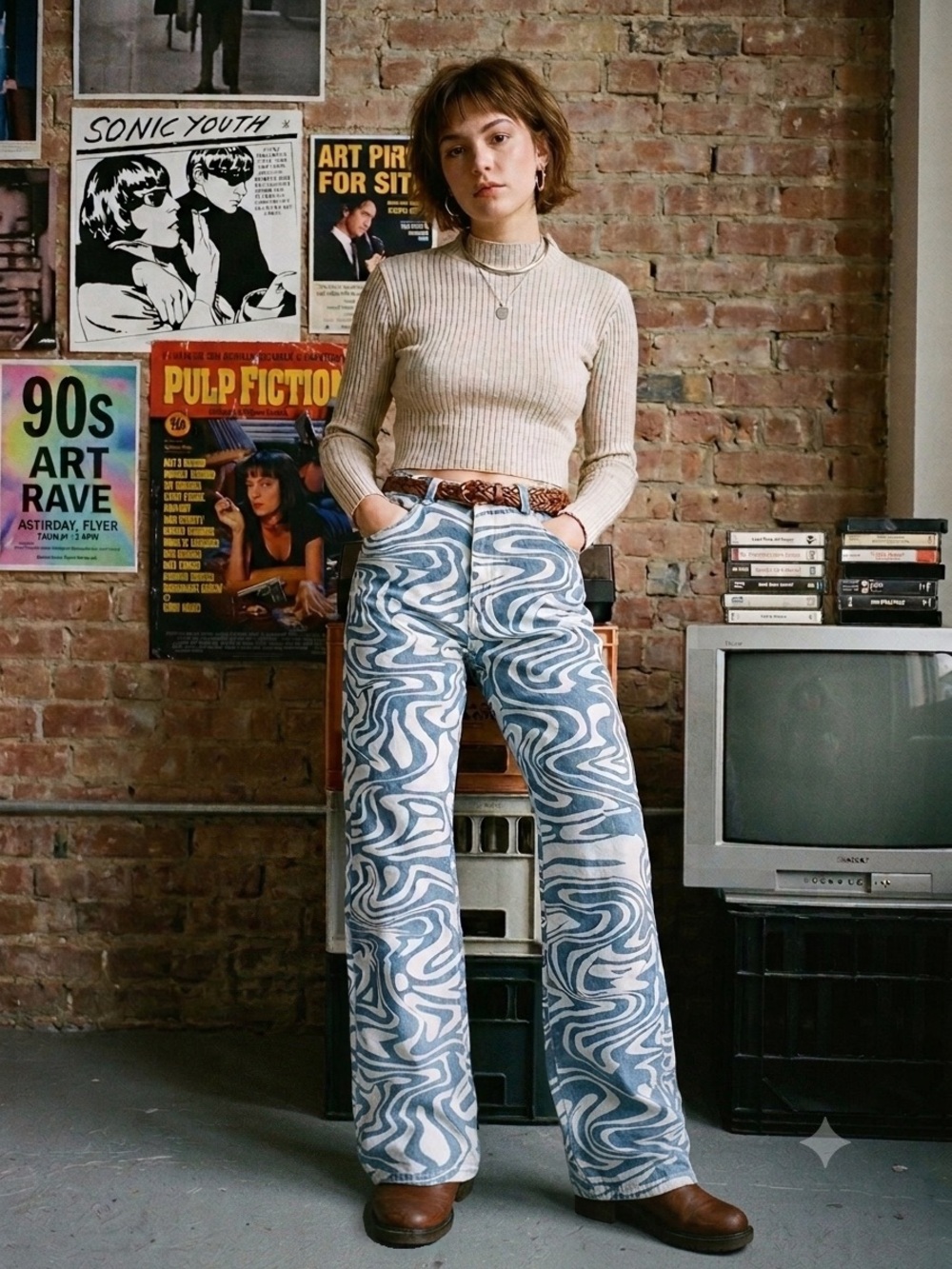Unbranded 90s does 60s Denim Blue Wavy Swirl Pattern Wide Leg Jeans Pants L